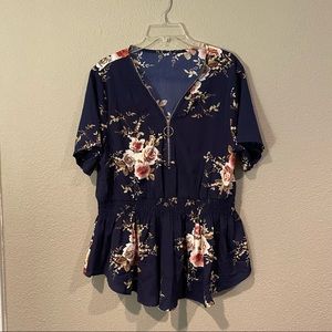 NWOT Navy Floral Blouse with Silver Zipper Neckline, XL